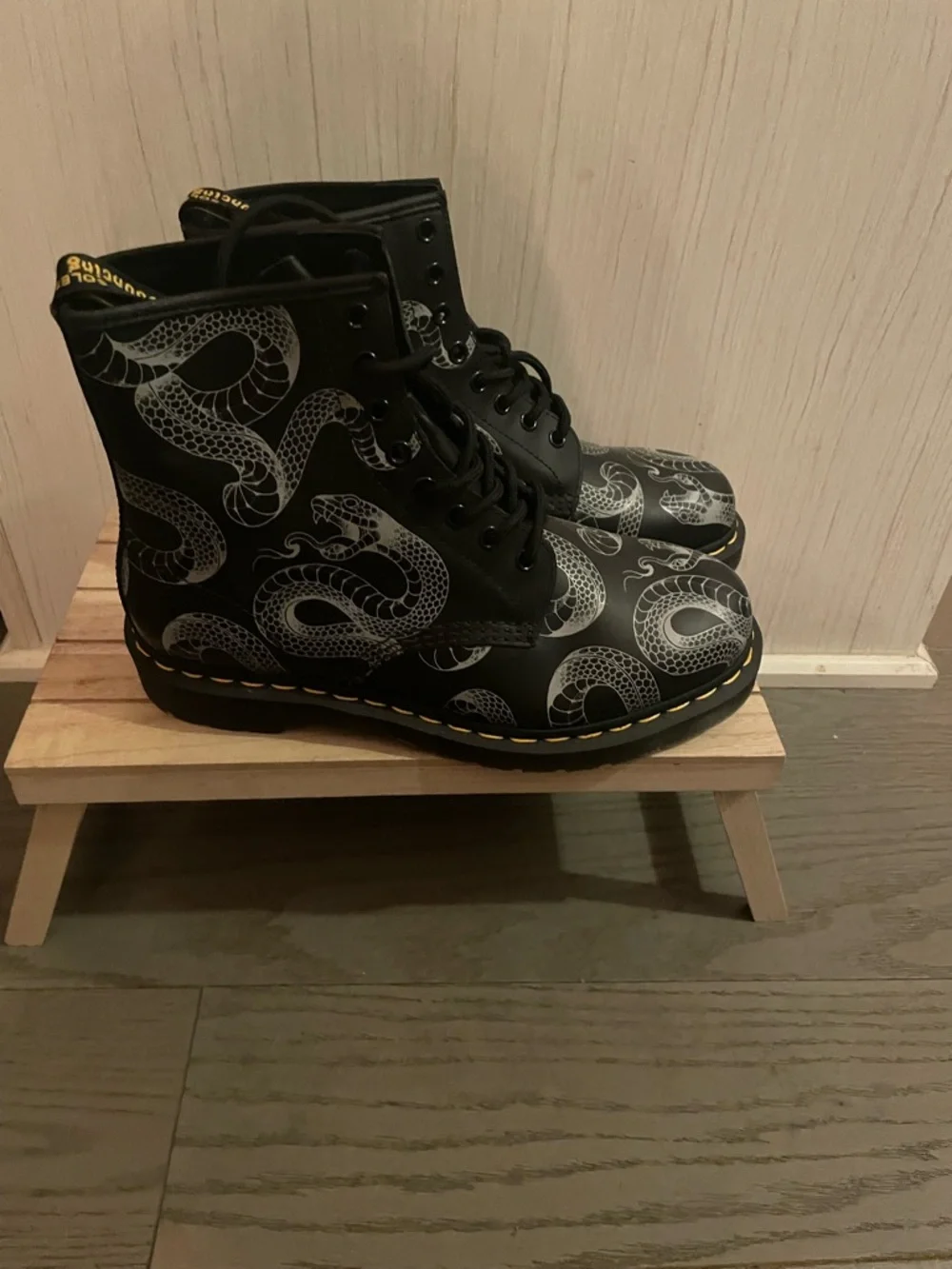 Dr. Martens Black Lace-Up Ankle Boots with Silver Snake Print - Picture 2 of 2